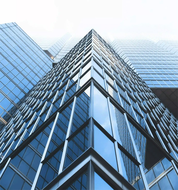 View of a glass building from the ground